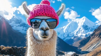 Fototapeta premium fluffy alpaca wearing a pink knit hat in front of snow-capped mountains and bright blue sky, playful and whimsical outdoor portrait