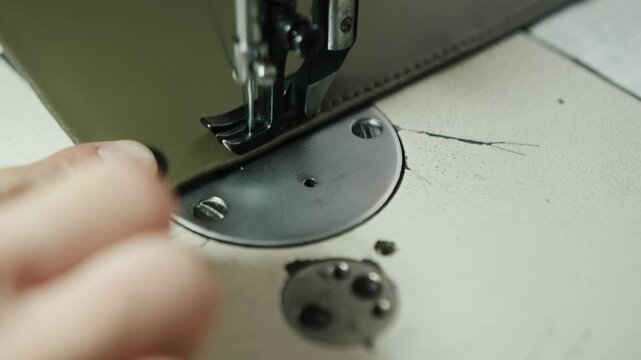 Handheld extreme close up of industrial sewing machine stitching leather edge. Needle and presser foot move precisely along material, highlighting craftsmanship and handmade leather production process