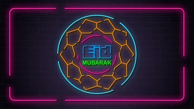 4K seamless looping neon Eid Mubarak animation with glowing geometric pattern and vibrant lights on dark brick wall, modern Islamic festive background for promos, events, social media.