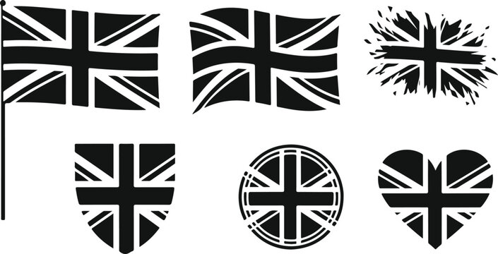 Black and white union jack flag icons in various shapes