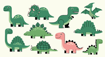 Collection of Cute Cartoon Dinosaurs in Various Poses, Ideal for Children's Designs © Takumi