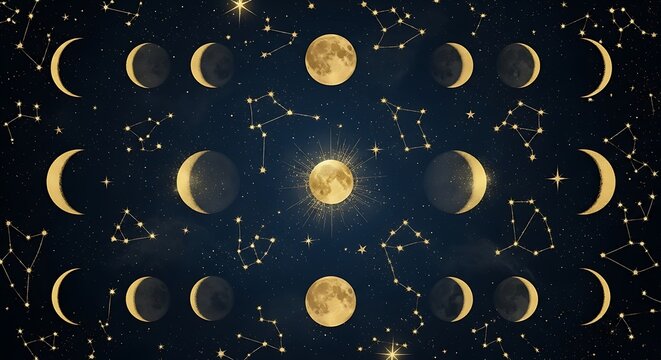 Enchanting celestial illustration displaying magical moon phases and golden star constellations sparkling across a mystical dark blue night sky, ideal for astrological and cosmic themes.