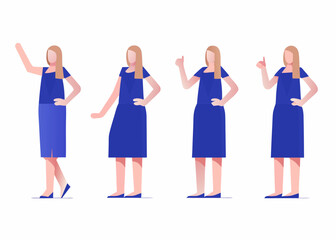 Obraz premium Four identical women in blue dresses displaying different hand gestures