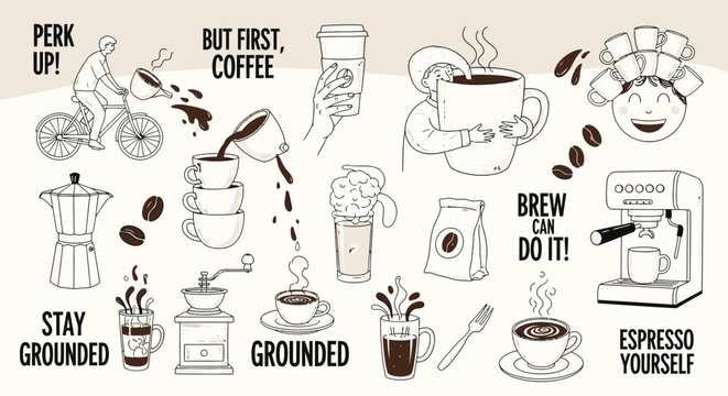 Fun Collection of Coffee-Themed Illustrations, Icons, and Sayings for Cafes