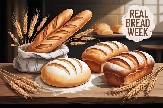 Illustration of assorted bread loaves on a wooden table with wheat, in a rustic kitchen setting.