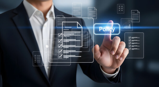 A businessman in a suit touches a glowing virtual 'Policy' button amidst digital document icons, symbolizing the management and implementation of corporate policies.