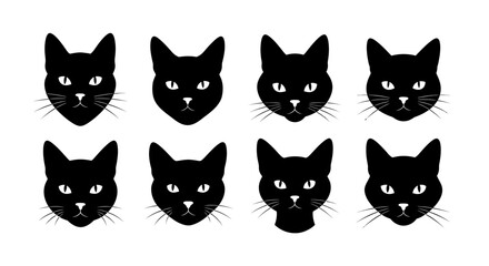Fototapeta premium Set of Eight Black Cat Head Silhouettes with Different Expressions and Styles