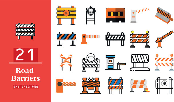 Collection of road barrier icons for construction and safety signage