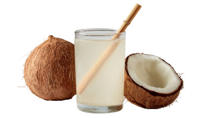 Fresh coconut milk in glass with whole and half coconut tropical drink isolated healthy organic beverage high resolution