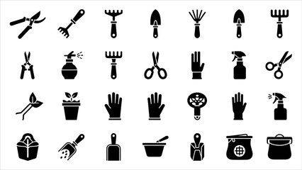 Collection of black gardening tools icons on white background, showcasing various implements for gardening tasks and activities © niskala.studio
