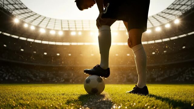 Soccer player steps on ball in stadium during sunset. Football athlete with ball on grass field. Player controls soccer ball in stadium. Golden light shines on football field with player.