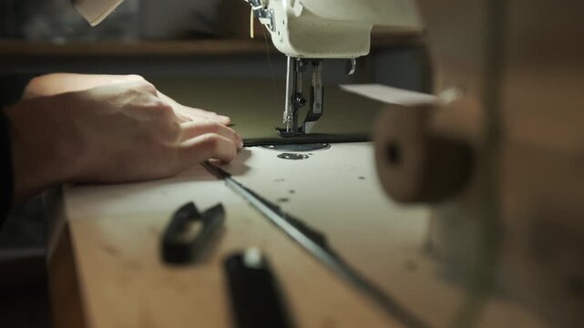 Handheld cinematic close up of craftsman stitching leather on industrial sewing machine. Warm directional light highlights seam line, hand movement and detailed artisan leather production process.
