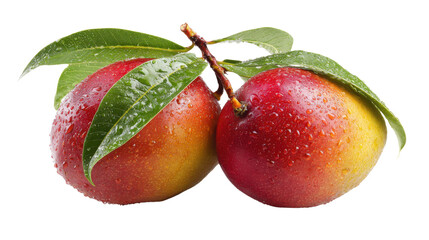 Fresh ripe mangoes with green leaves and water droplets isolated, tropical fruit organic healthy food concept high resolution