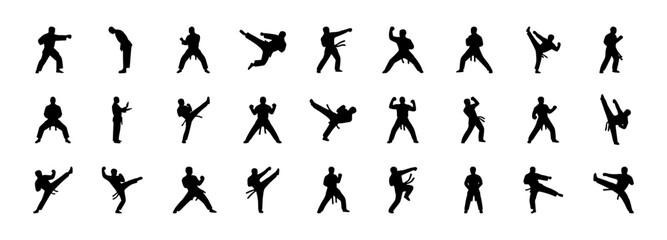 Set of martial arts silhouettes, karate and taekwondo fighters in various kicking and punching poses, combat sports action vector. © Hamidkamboh