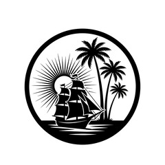 Tropical summer vacation island landscape illustration featuring a palm tree silhouette against a sunset sky over the ocean with a travel boat on the water and sand beach vector art