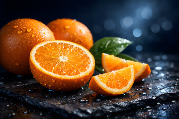 Buah jeruk segar dengan tetesan air di atas batu hitam gelap melambangkan kemewahan alam dan kesegaran panen buah premium