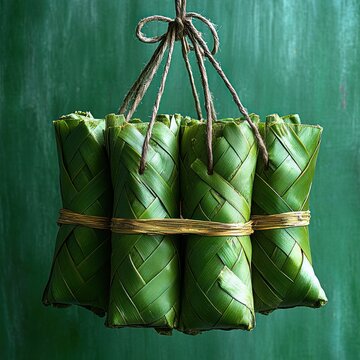 hanging bundle of woven green leaf parcels tied with twine against a textured green background, rustic and calming