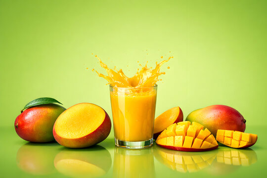 Gelas jus mangga segar memercik dikelilingi buah mangga utuh melambangkan energi musim panas tropis dan minuman kesehatan yang lezat