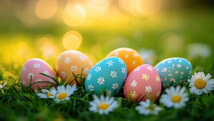 Fototapeta premium bright pastel decorated eggs nestled in green grass with white daisies and warm glowing bokeh, a cheerful serene spring scene