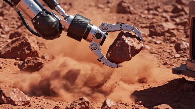 Robotic arm with a gripper lifts a rock from the Martian terrain, creating dust clouds as it moves to transfer the rock to a scientific instrument
