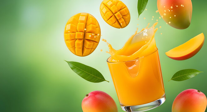 Cipratan dinamis jus mangga dari gelas dengan potongan buah segar melambangkan kesegaran maksimal minuman eksotis dan energi musim panas