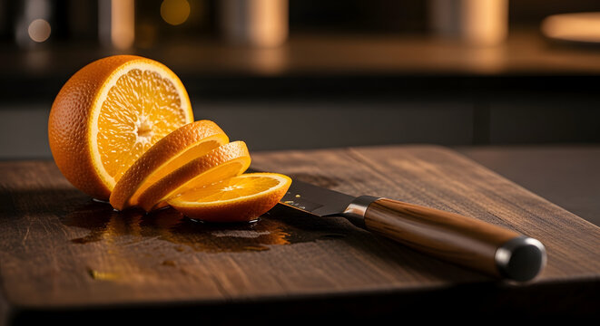 Irisan tipis jeruk segar dengan pisau dapur di atas talenan kayu gelap melambangkan persiapan makanan sehat dan seni kuliner elegan