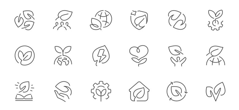 Sustainability line icons set with renewable energy, recycling and green technology concepts