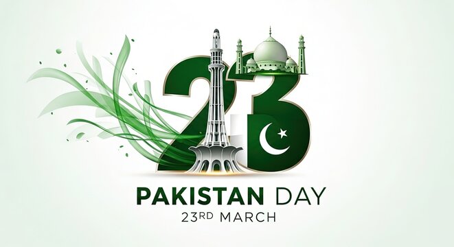 Pakistan Day 23rd March celebration poster with mosque and national flag design elements