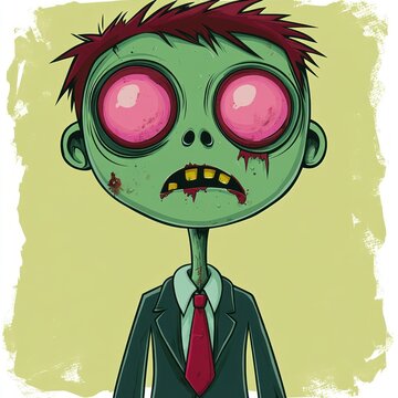 creepy cartoon zombie in a suit with bulging pink eyes, green decayed skin, missing yellow teeth, bloodied cheek and messy red hair, blank stare
