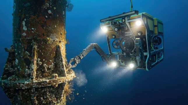 Subsea ROV Remotely Operated Vehicle Inspecting Offshore Wind Turbine Foundation Underwater