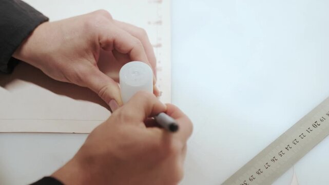 Handheld close up of craftsman marking rounded corner on material using circular template and pen. Focus on precise layout, clean lines and careful preparation stage in workshop.