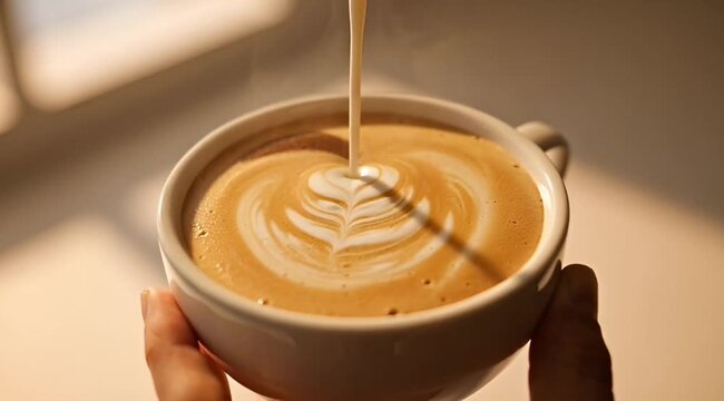Cinematic Milk Pouring Forming Rosetta Latte Pattern