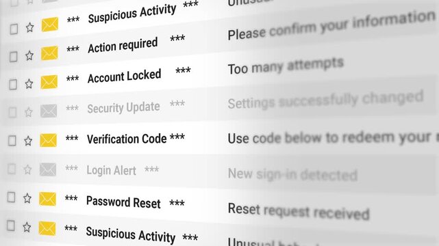 Security and Account Email Scrolling List. Login Alerts, Password Reset, Verification Notices, Suspicious Activity, Warnings and Privacy Protection Updates. 4K 2D Video Animation