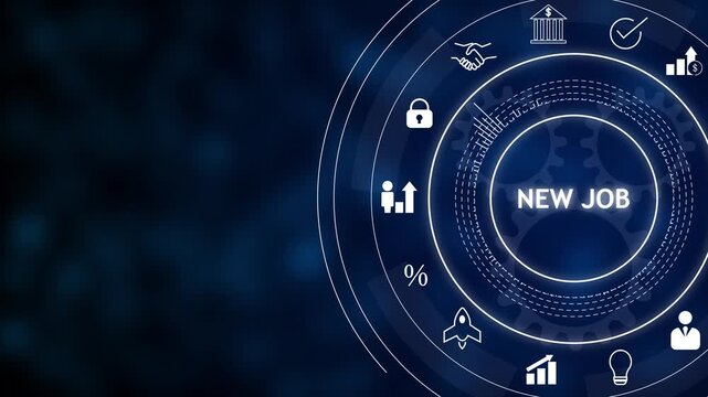 Futuristic blue business interface with circular HUD icons and text &ldquo;new job&rdquo;, symbolizing career change, hiring, recruitment, and professional growth.