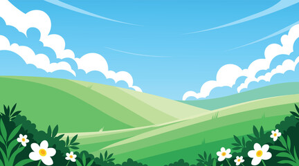 Fototapeta premium Bright Scenic Landscape Illustration Featuring Rolling Green Hills, Blue Sky, White Clouds, and Blooming Flowers in a Clean and Peaceful Nature View.