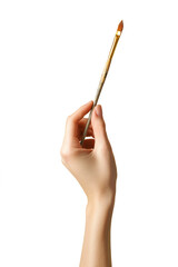 Female hand holding a thin watercolor paintbrush isolated on white background