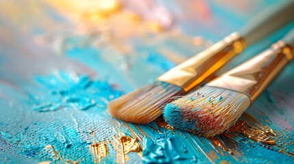 Fototapeta premium Artist brushes resting on a vibrant blue paint palette with colorful splatters