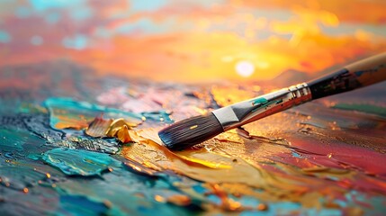 Fototapeta premium A close-up view of a paintbrush resting on a vibrant canvas with colorful paint.