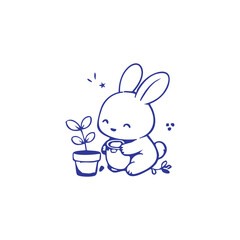 Adorable Cartoon Rabbit with Potted Plant Illustration