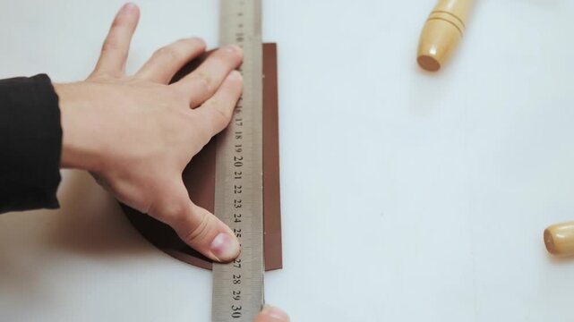 Handheld close up of craftsman cutting leather with precision knife along metal ruler. Focus on straight edge trimming, controlled hand movement and detailed leather crafting process in workshop.