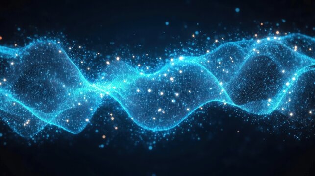 glowing blue particle wave forming a flowing digital mesh with sparkling lights, evoking calm futuristic energy