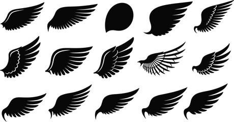 Obraz premium Black silhouette wings of different shapes and sizes on a white background Keywords: wings, silhouette, black, white background