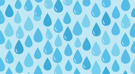 Many shiny blue raindrops falling on light blue background water droplets pattern