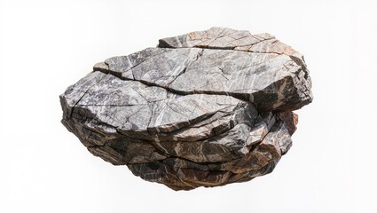 Obraz premium Large natural marble rock with mixed gray, white, and brown veining, isolated on a white background, highlighting detailed mineral patterns and organic stone texture.