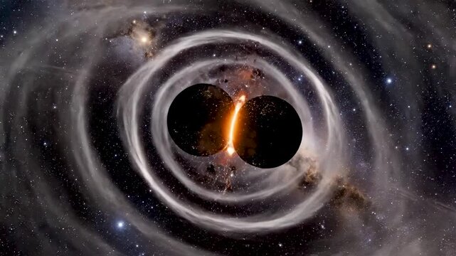 Gravitational Waves Visualization of Two Black Holes Merging with Accretion Disks, Rippling Space-Time in Cosmic Astrophysics Simulation