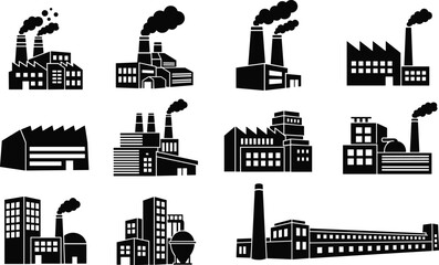 Obraz premium Collection of Black Factory Building Icons with Smoke Emitting Chimneys industrial silhouette