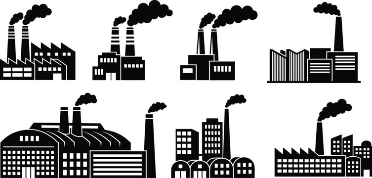 Collection of black factory building icons with smoke stacks emitting smoke industrial silhouette