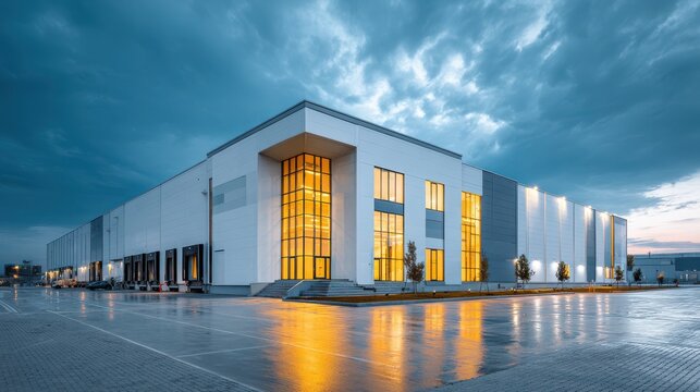 Modern industrial warehouse building at dusk with illuminated glass entrance and loading docks