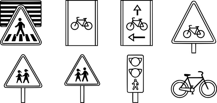 Pedestrian and Bicycle Signs in outline style: crosswalk stripes sign, bike lane symbol, shared path sign, school zone sign, pedestrian signal icon