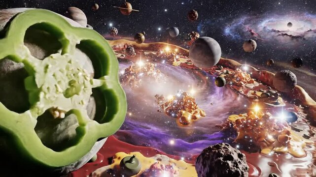 Cosmic pizza with planets and stars in a vibrant galaxy